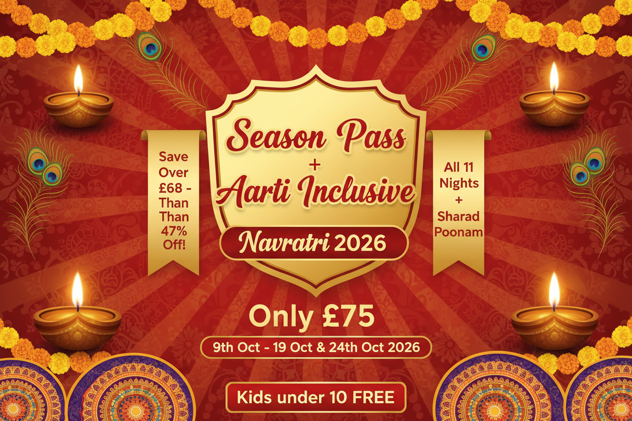 Season Pass + Aarti Inclusive – Navratri 2026 promotional banner showing £75 price and event dates