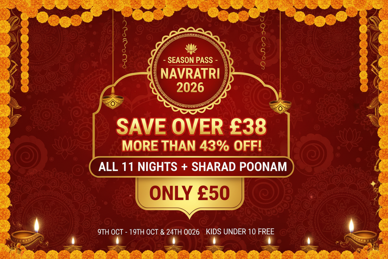 Season Pass – Navratri 2026 promotional banner showing £50 price and event dates